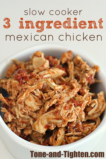 Healthy, 3-Ingredient Slow Cooker Mexican Chicken. Great on tacos, burritos, salads, enchiladas, or whatever you put it on! #healthy #recipe on Tone-and-Tighten.com