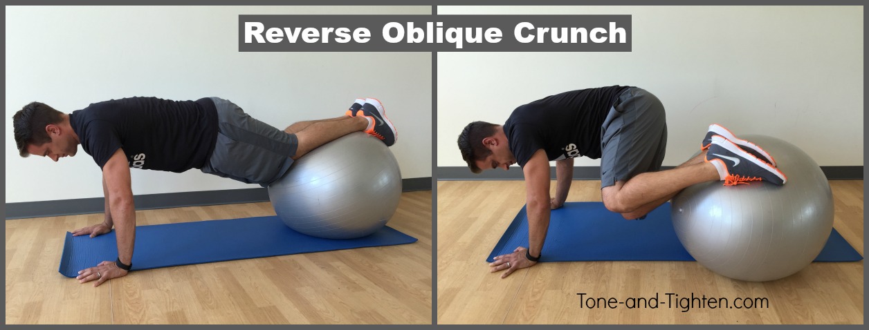 reverse oblique crunch exercise swiss ball tone tighten