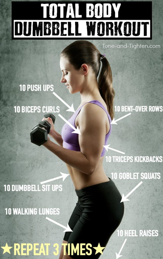 Total body workout with dumbbells! Pictures of each exercise at the linked page. From Tone-and-Tighten.com.