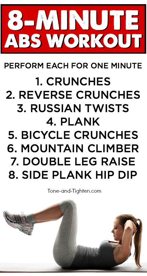 8-Minute abs workout routine you can do at home! Get crazy results fast with these great exercises (video descriptions on linked page)! From Tone-and-Tighten.com