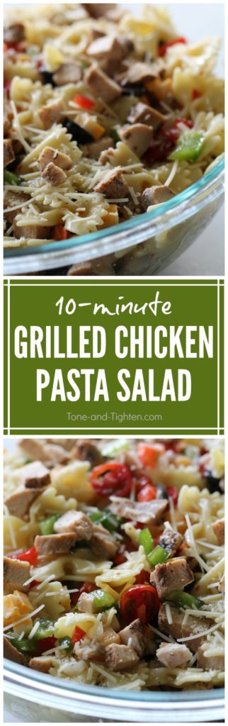 10-Minute Easy Chicken Pasta Salad Recipe - a healthy, delicious meal your whole family will love! From Tone-and-Tighten.com