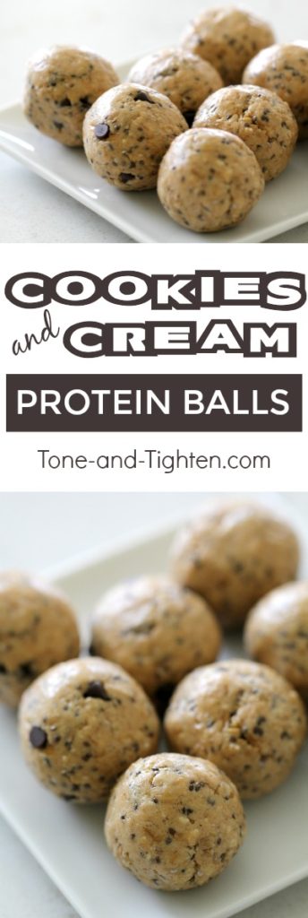 Healthy, delicious, and 5 minutes to make! Cookies and Cream protein balls healthy snack recipe from Tone-and-Tighten.com