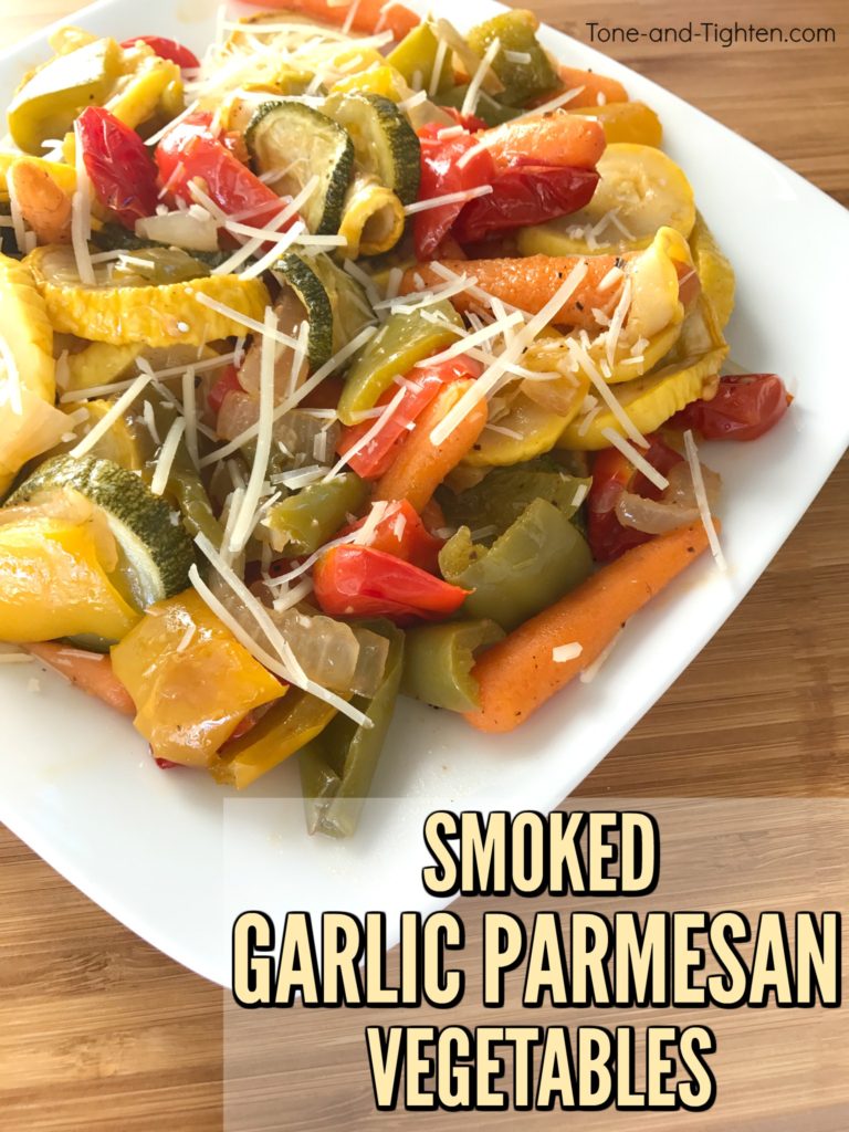 Delicious and healthy Smoked Garlic Parmesan Vegetable Recipe! Simple and easy grilled veggies from Tone-and-Tighten.com